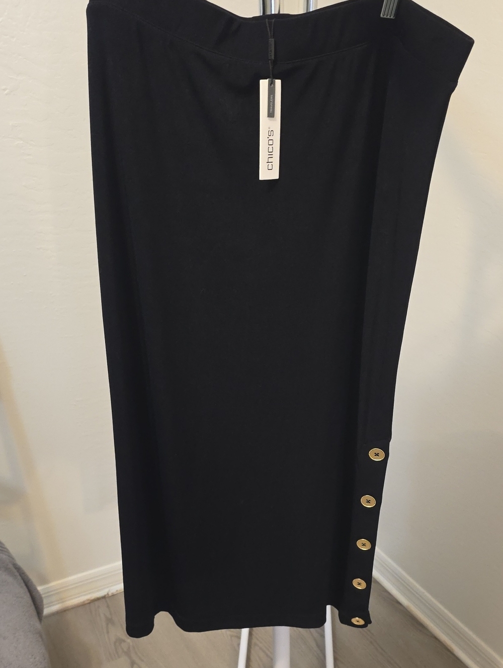 Chico's Black Midi Skirt with Gold Button Trim